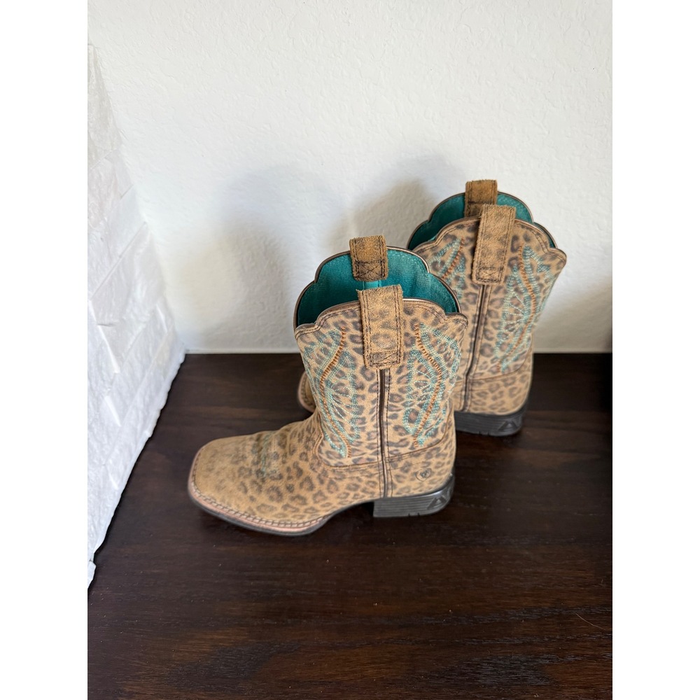 Ariat Kids Leopard Print Leather Western Boots Square Toe Brown Size 12
